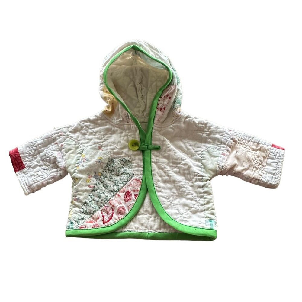 Handmade Baby Hooded Jacket Made from Vintage Quilts 0-3 month Dylan White Green